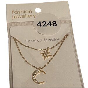 Kanna Two-Layer Necklace Gold Moon & Star Pendant Sparkle Jewelry Adjustable